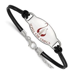 Sterling Silver Alpha Chi Omega Enamel Black Leather Bracelet - 7 in.